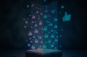 Holograma azul com dezenas de ícones de curtidas. A imagem ilustra o conceito de métricas de vaidade nas redes sociais para empresas.