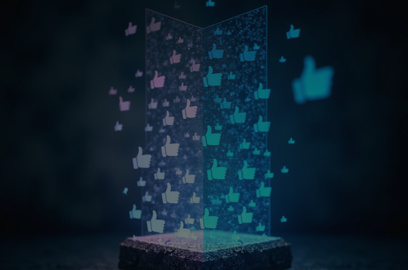 Holograma azul com dezenas de ícones de curtidas. A imagem ilustra o conceito de métricas de vaidade nas redes sociais para empresas.
