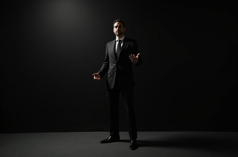 CEO de terno escuro com postura executiva de autoridade. Representação visual de liderança corporativa, aumento de valor percebido e o fim da guerra de preços no mercado B2B.